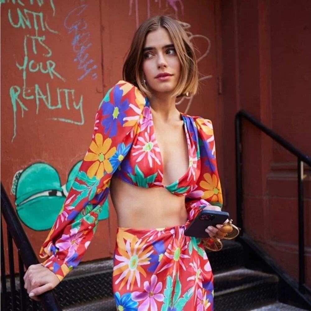PatBO | Aster Floral 2-Piece Set Crop Top & Fringe Skirt XS Brazil